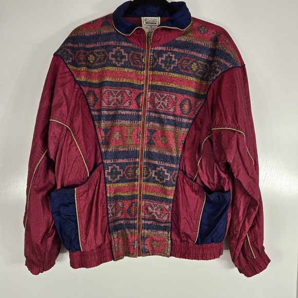 Vintage‎ Westside Connection 90s Aztec Burgundy Blue Windbreaker Long Sleeve - Picture 1 of 17